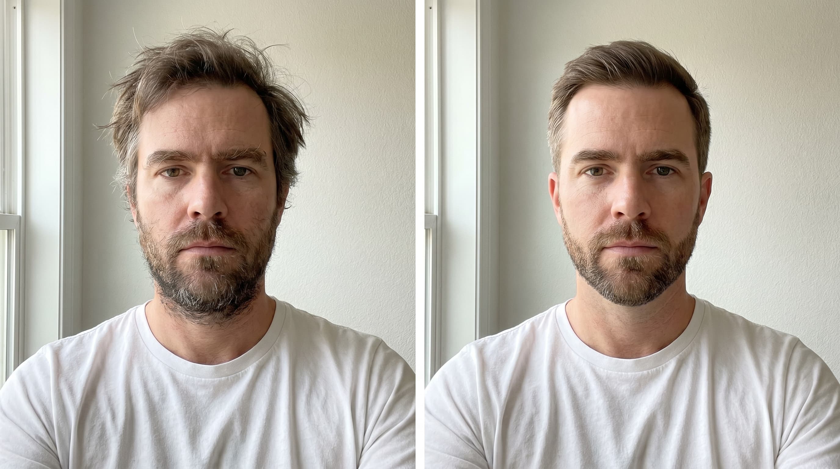 Before and after example: Beard shape, hair styled, posture corrected.