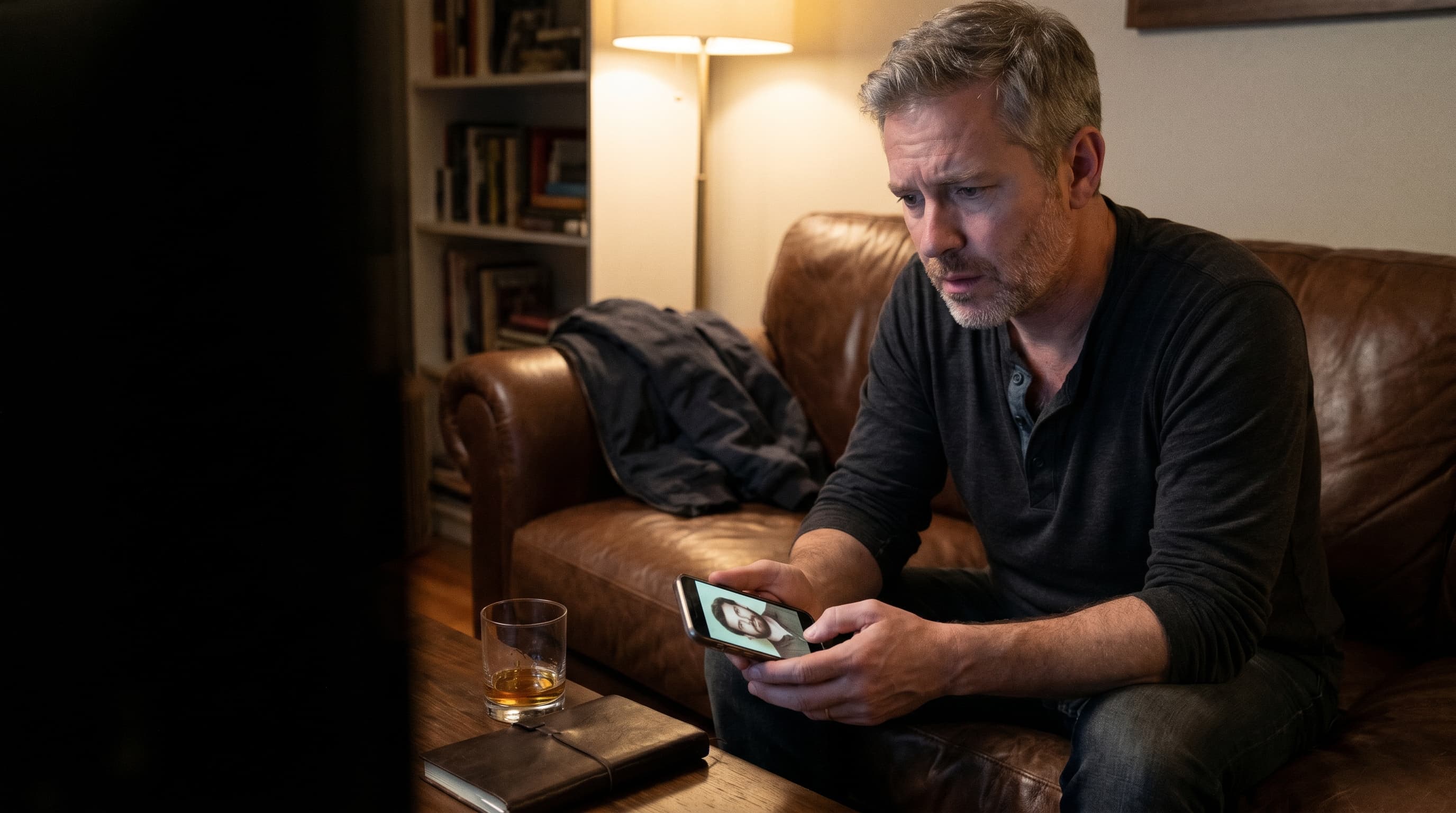 Man on couch looking at old photos on his phone