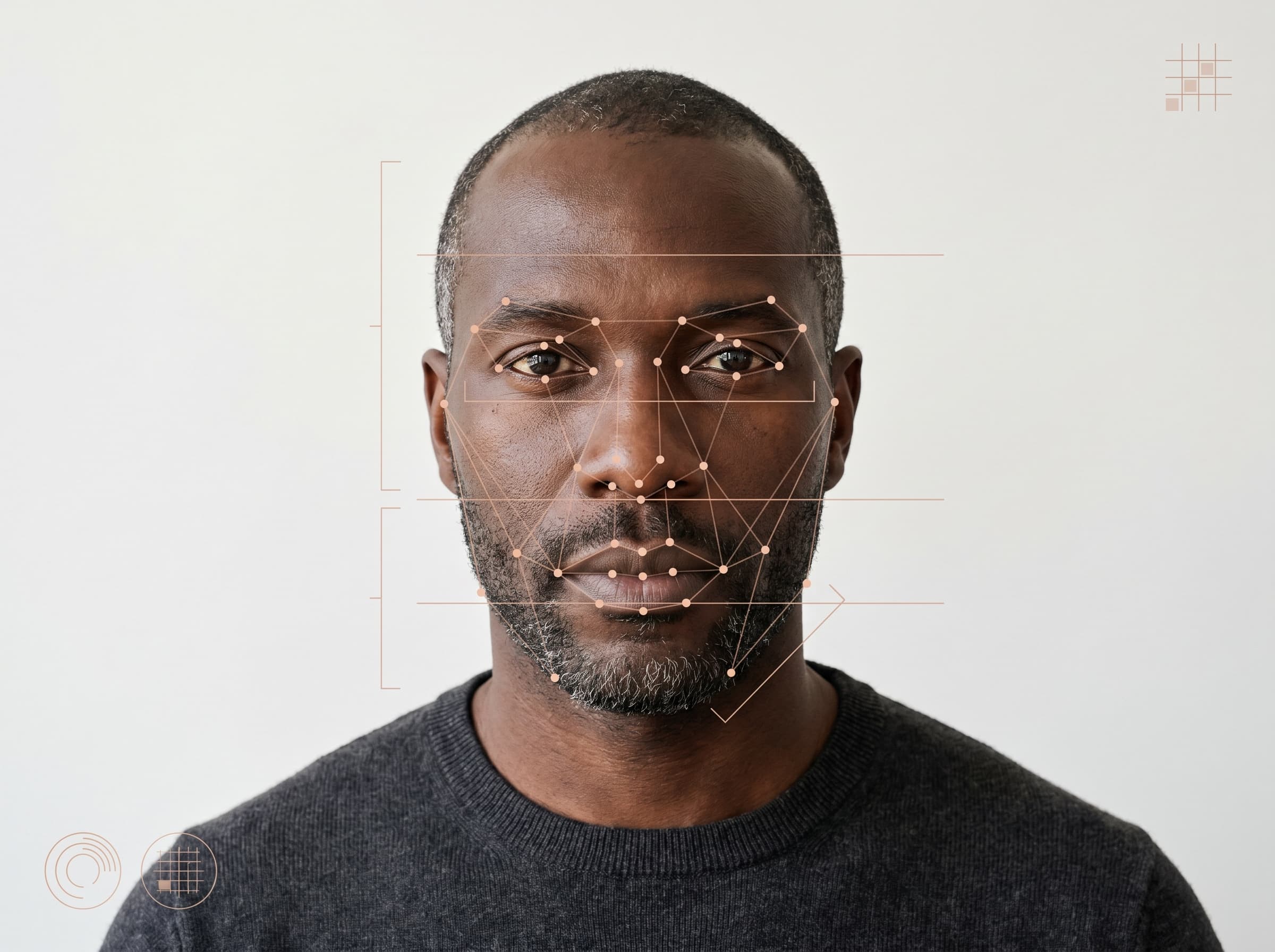 Detailed facial measurement overlay showing landmark mesh, facial thirds, bizygomatic width, and gonial angle
